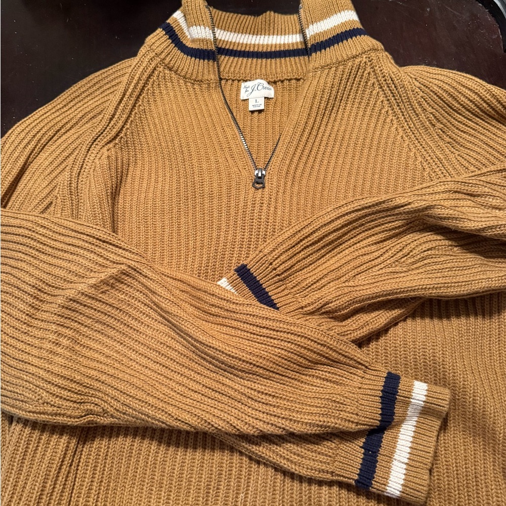 J. Crew Men’s Mustard Zip-Neck Ribbed Sweater with Navy & White Trim